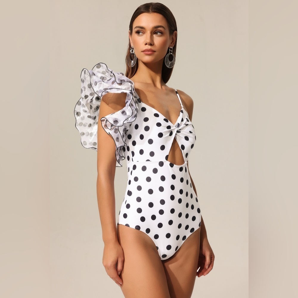 NWT One Shoulder Ruffle Polka Dot One Piece Swimsuit - Picture 8 of 10